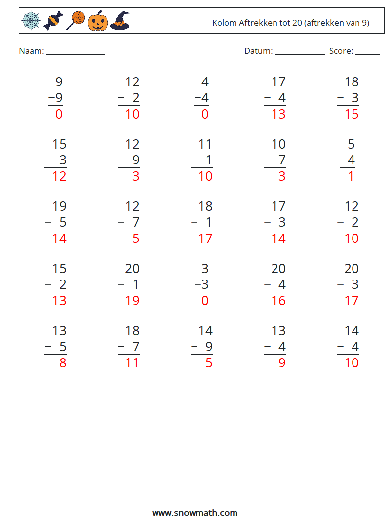 (25) Kolom Aftrekken tot 20 (aftrekken van 9) Wiskundige werkbladen 18 Vraag, Antwoord