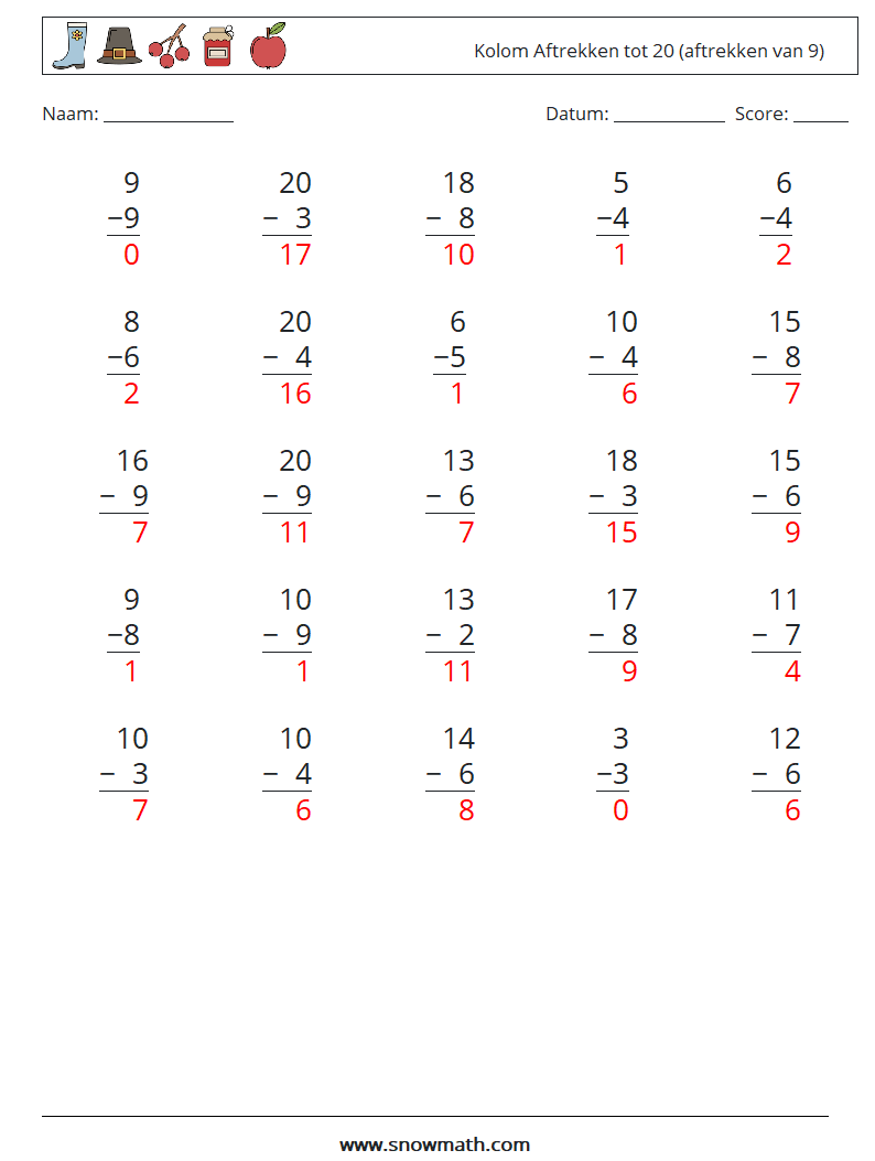 (25) Kolom Aftrekken tot 20 (aftrekken van 9) Wiskundige werkbladen 1 Vraag, Antwoord