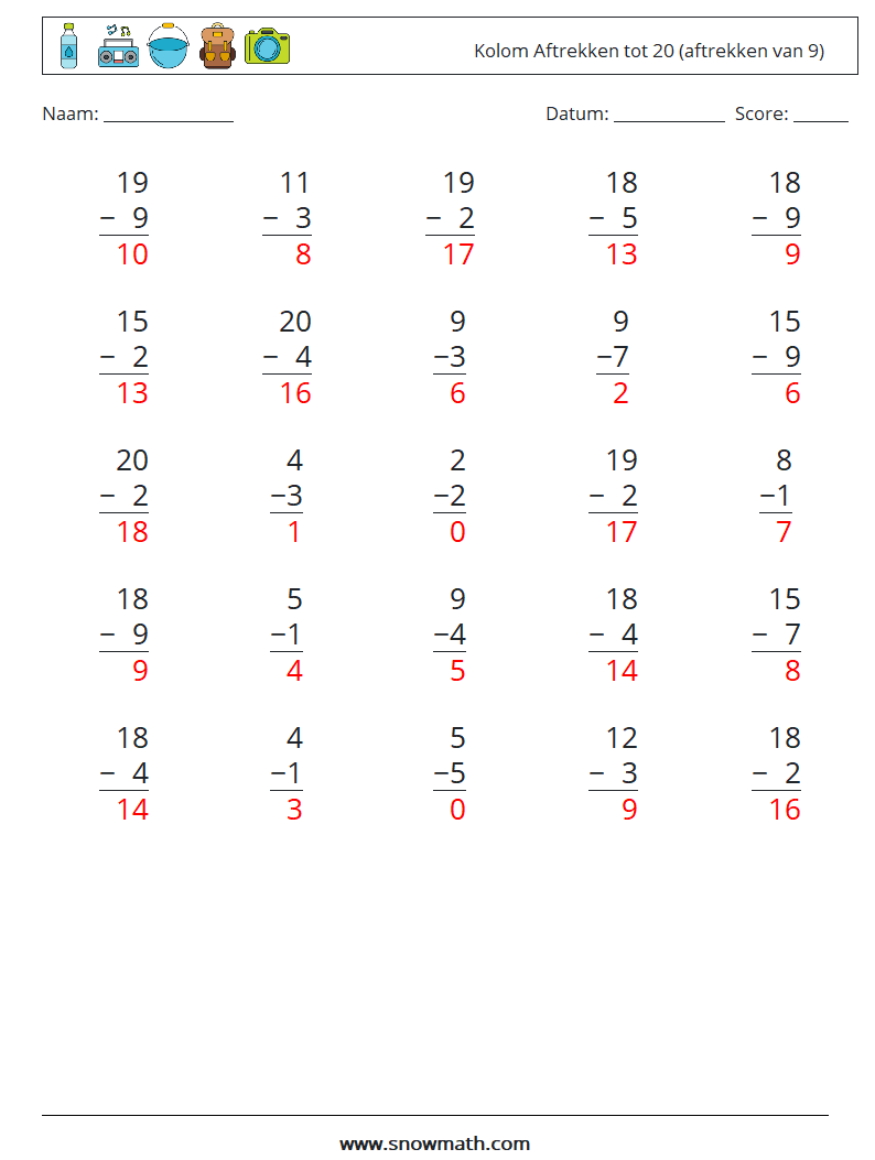 (25) Kolom Aftrekken tot 20 (aftrekken van 9) Wiskundige werkbladen 2 Vraag, Antwoord