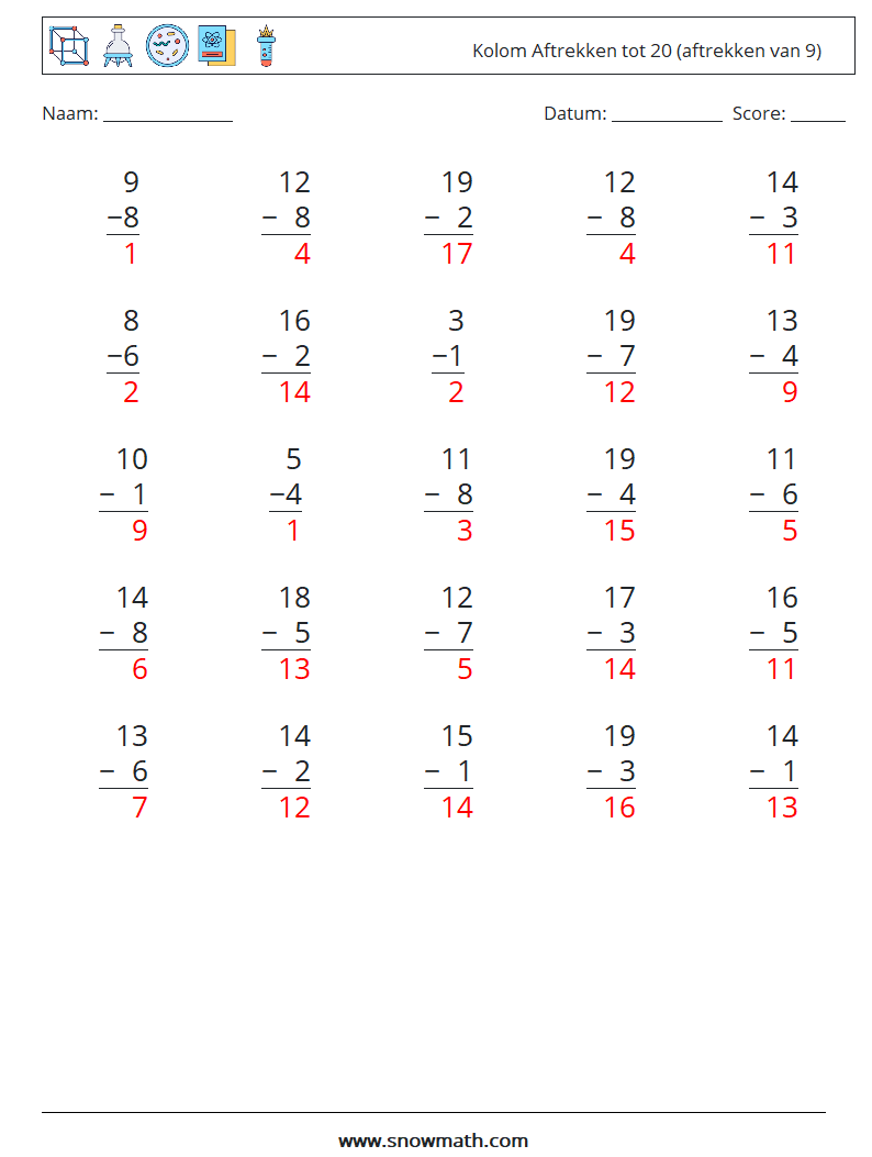 (25) Kolom Aftrekken tot 20 (aftrekken van 9) Wiskundige werkbladen 3 Vraag, Antwoord