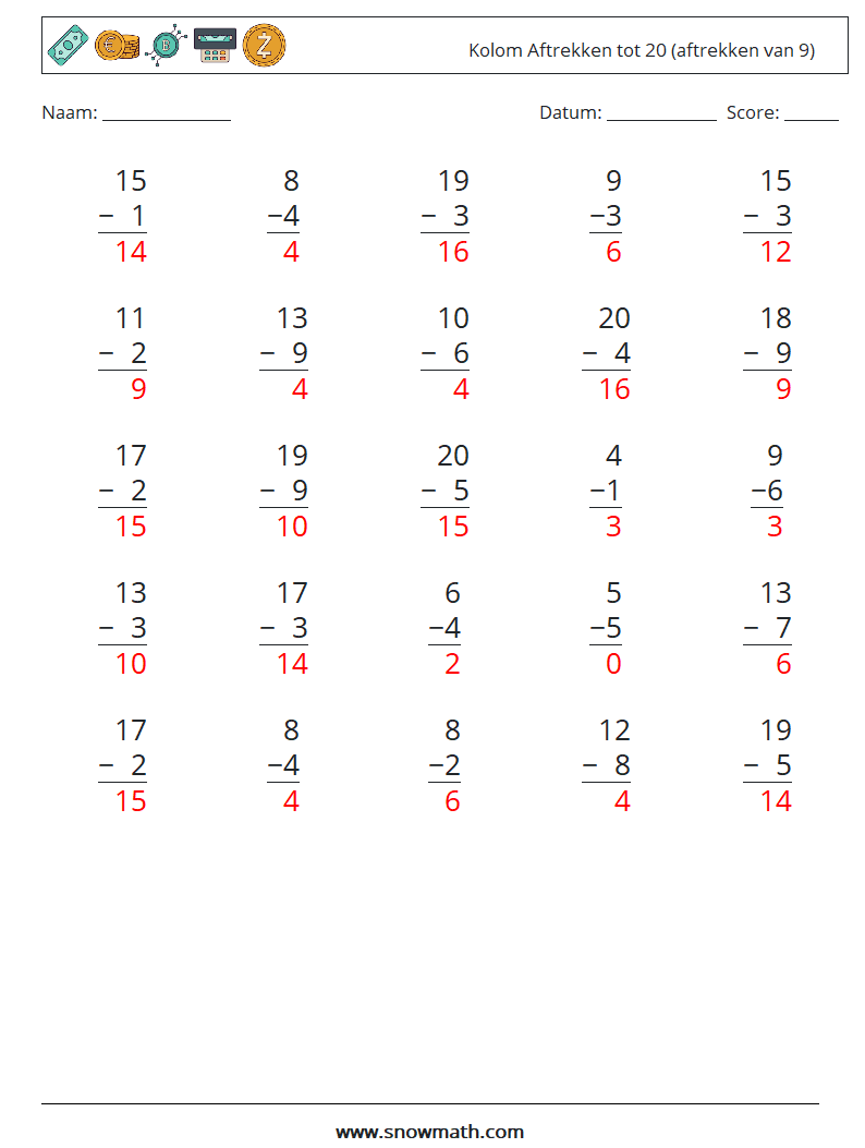 (25) Kolom Aftrekken tot 20 (aftrekken van 9) Wiskundige werkbladen 4 Vraag, Antwoord