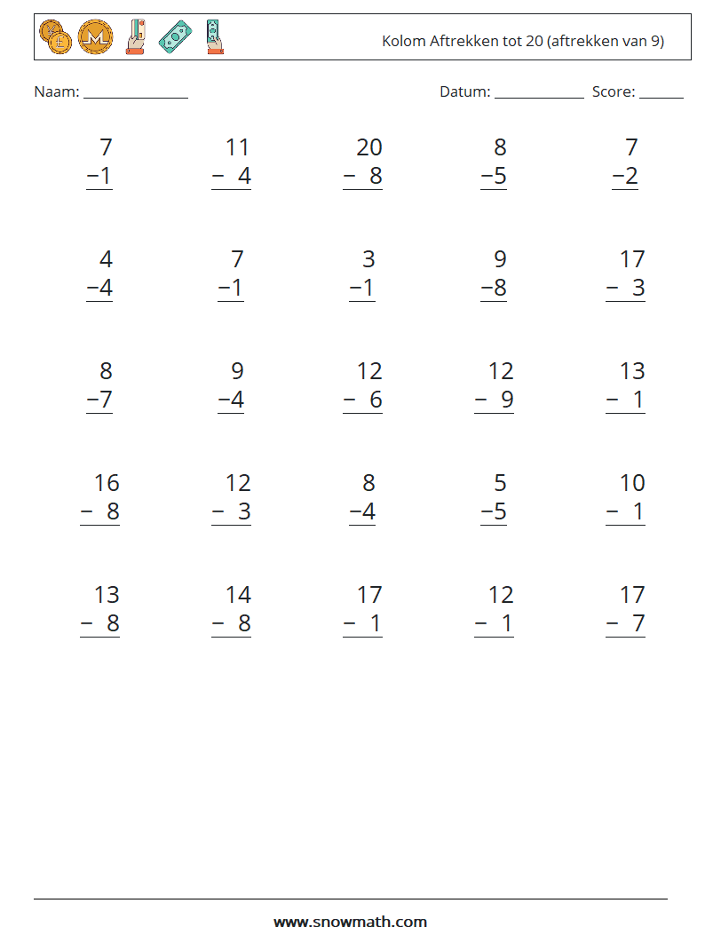 (25) Kolom Aftrekken tot 20 (aftrekken van 9) Wiskundige werkbladen 5