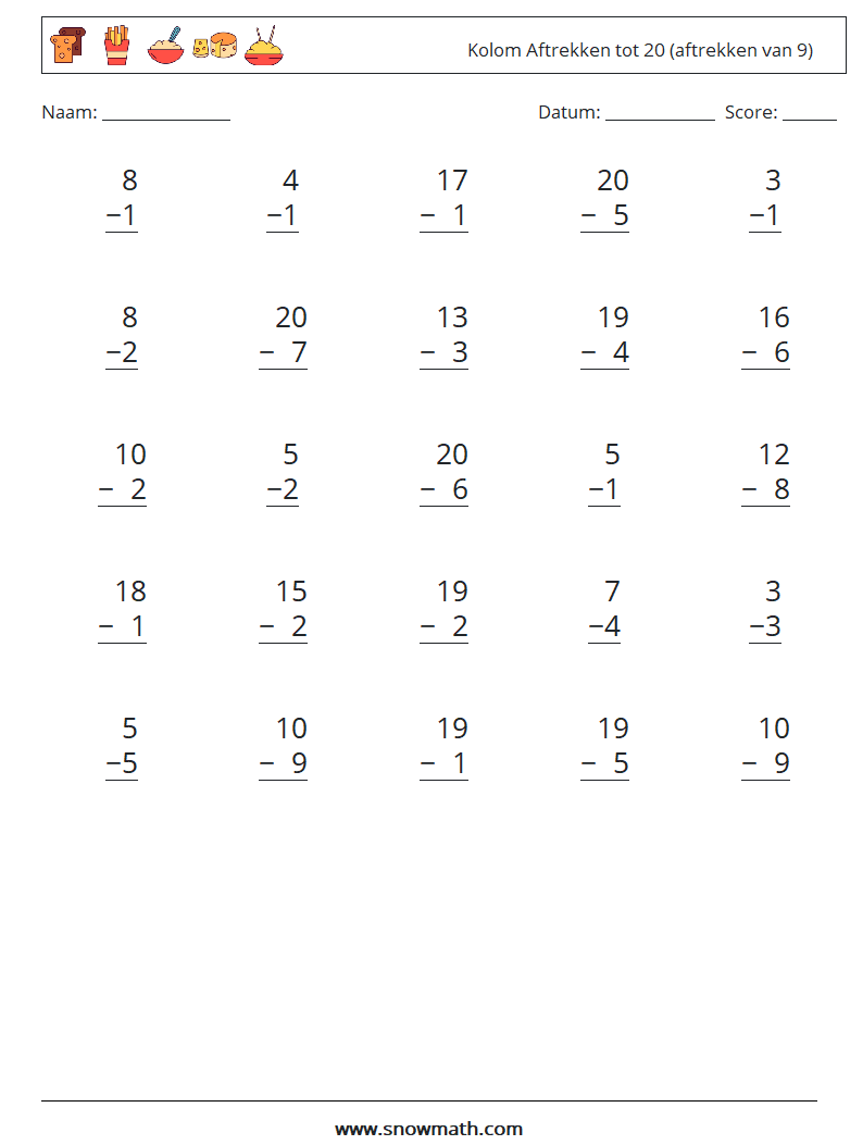 (25) Kolom Aftrekken tot 20 (aftrekken van 9) Wiskundige werkbladen 6