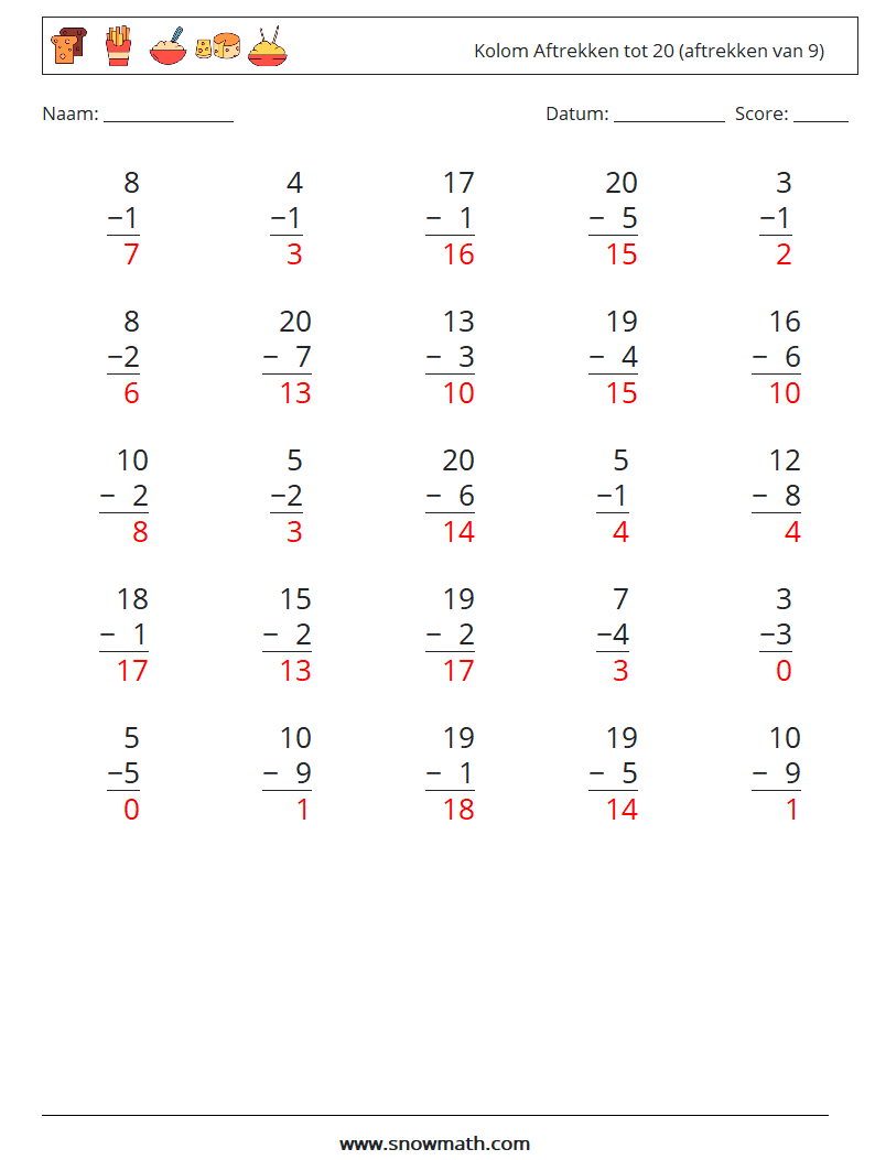 (25) Kolom Aftrekken tot 20 (aftrekken van 9) Wiskundige werkbladen 6 Vraag, Antwoord