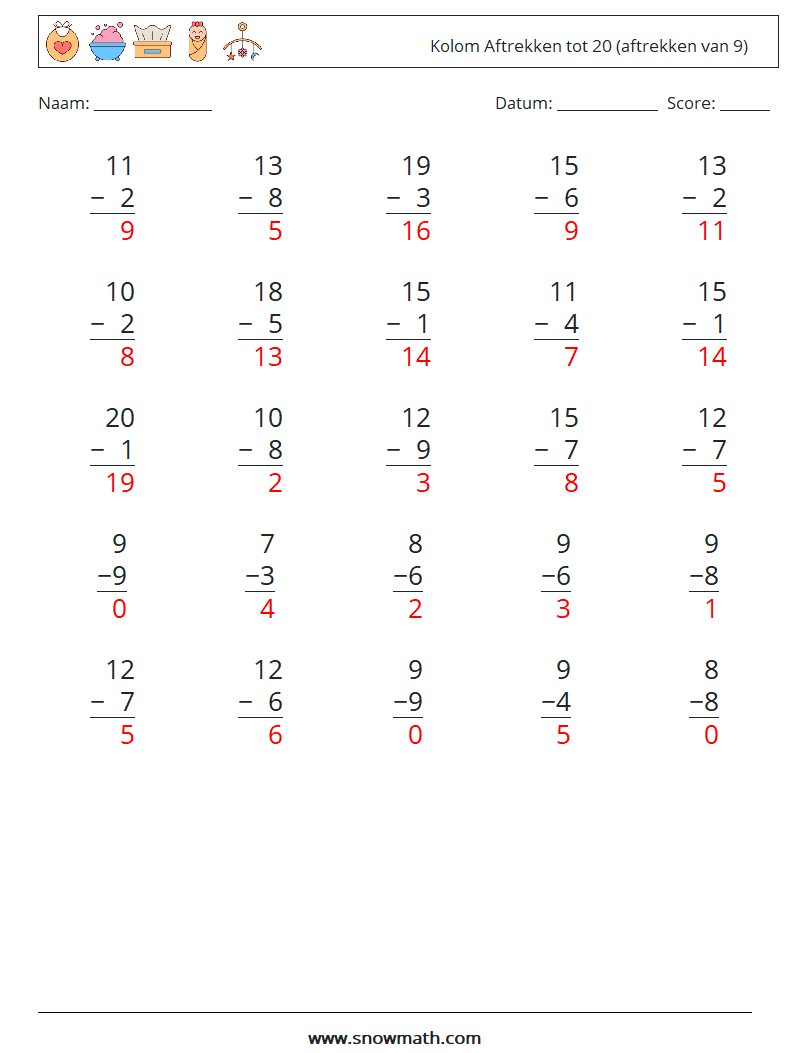 (25) Kolom Aftrekken tot 20 (aftrekken van 9) Wiskundige werkbladen 7 Vraag, Antwoord