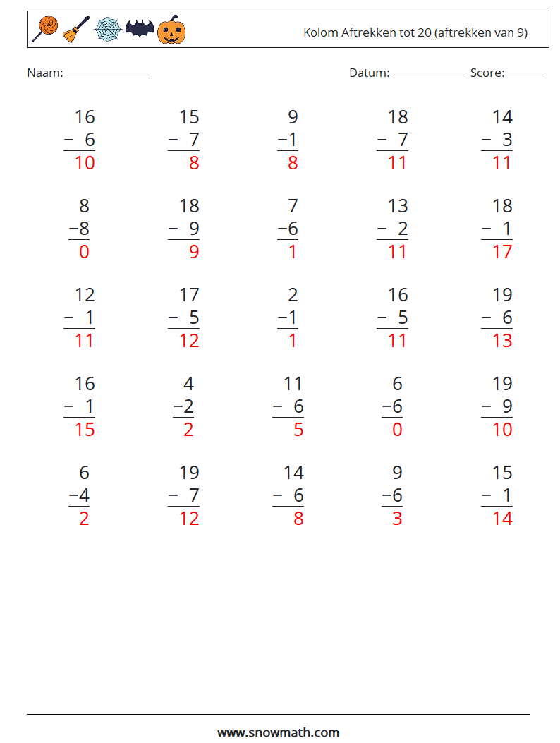 (25) Kolom Aftrekken tot 20 (aftrekken van 9) Wiskundige werkbladen 8 Vraag, Antwoord