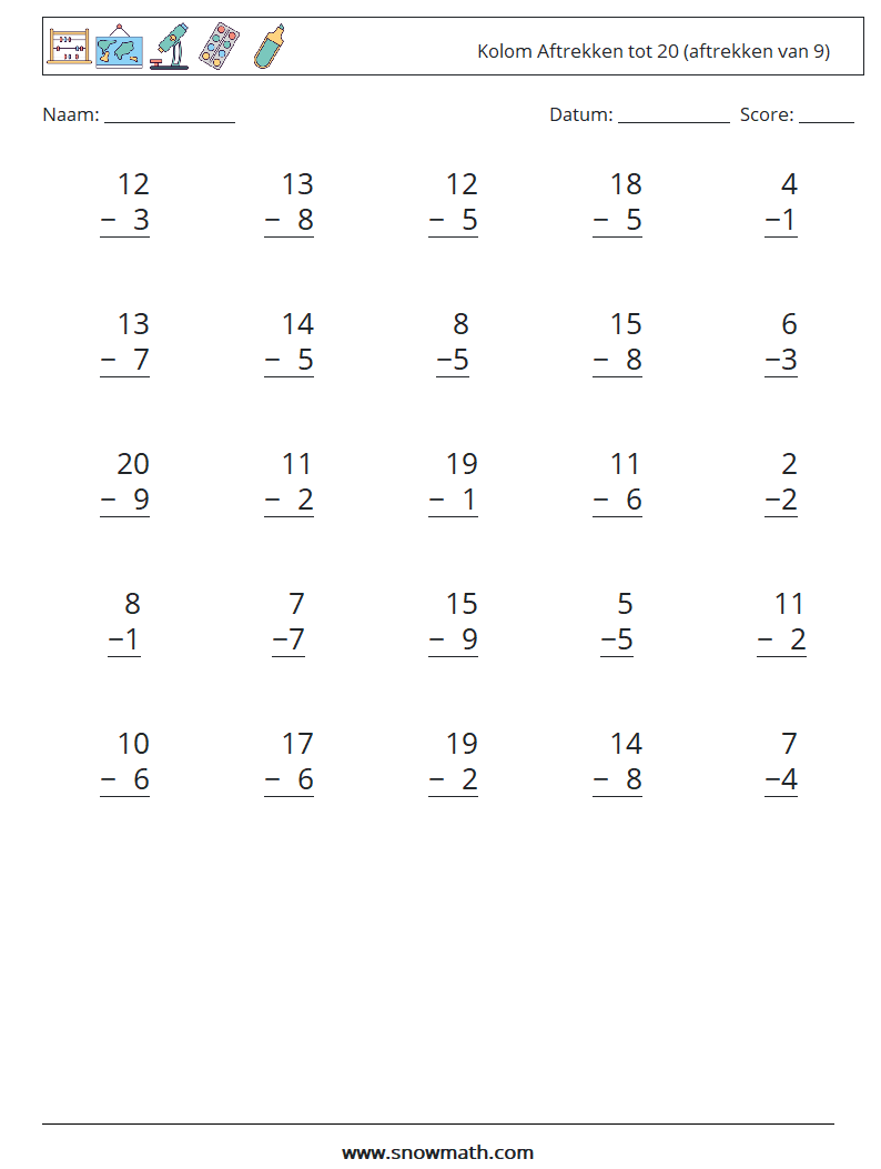 (25) Kolom Aftrekken tot 20 (aftrekken van 9) Wiskundige werkbladen 9
