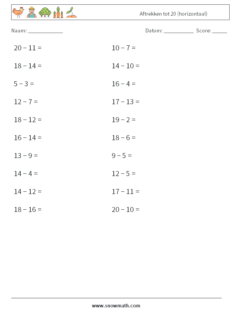 (20) Aftrekken tot 20 (horizontaal) Wiskundige werkbladen 7