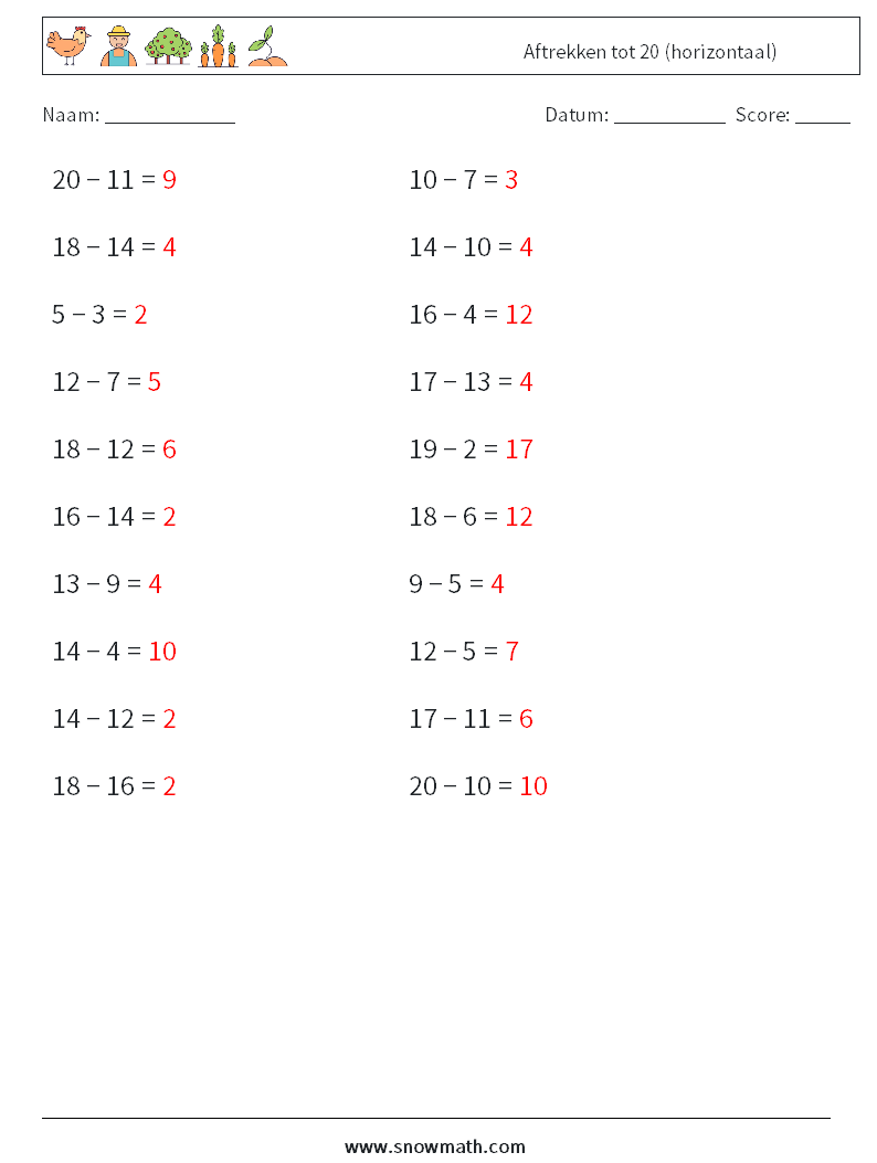 (20) Aftrekken tot 20 (horizontaal) Wiskundige werkbladen 7 Vraag, Antwoord