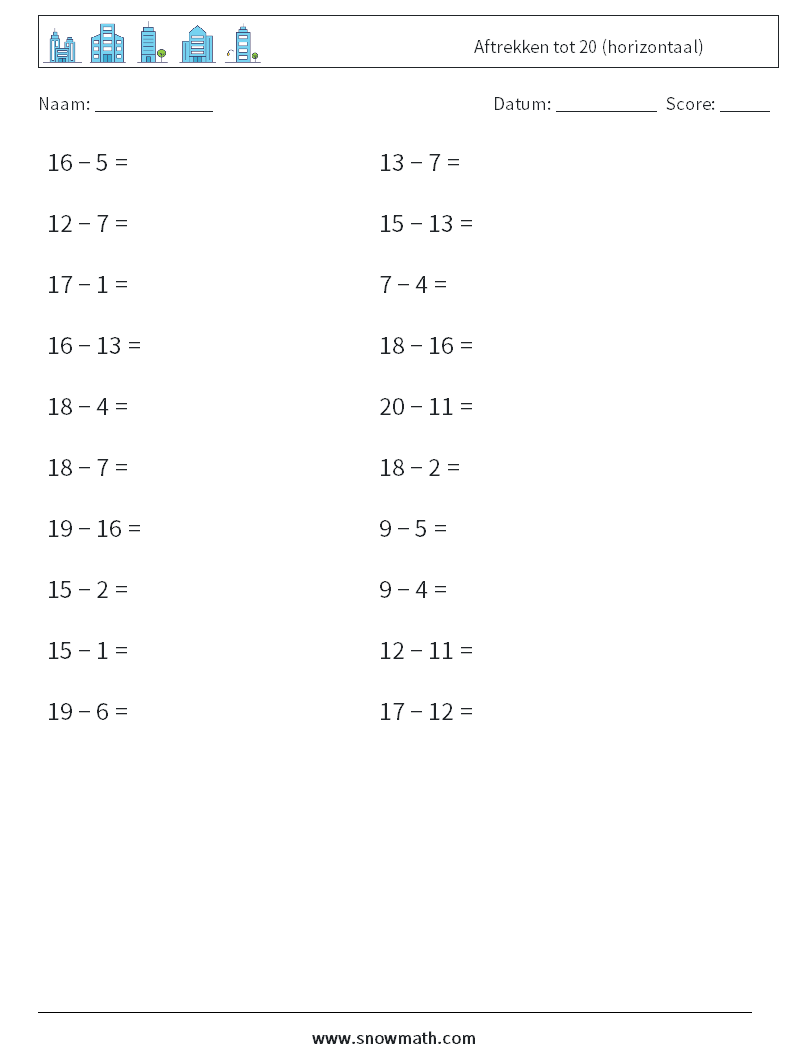 (20) Aftrekken tot 20 (horizontaal) Wiskundige werkbladen 8