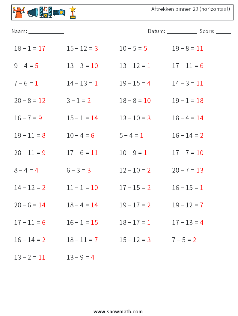 (50) Aftrekken binnen 20 (horizontaal) Wiskundige werkbladen 9 Vraag, Antwoord