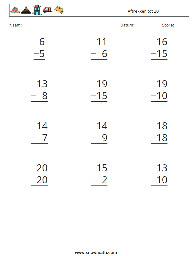 (12) Aftrekken tot 20 Wiskundige werkbladen 10