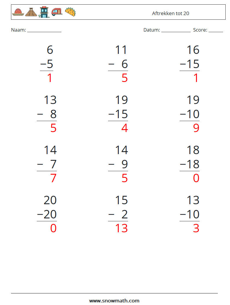 (12) Aftrekken tot 20 Wiskundige werkbladen 10 Vraag, Antwoord