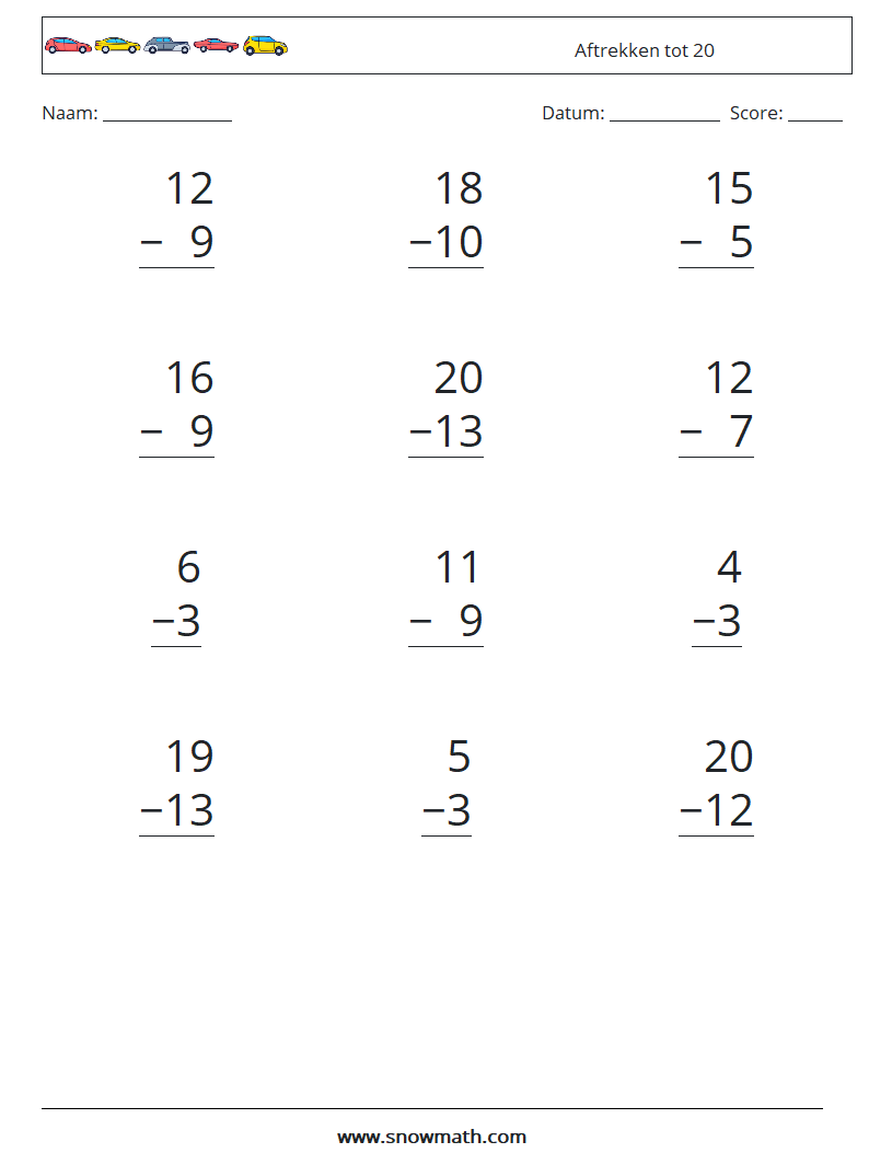 (12) Aftrekken tot 20 Wiskundige werkbladen 12