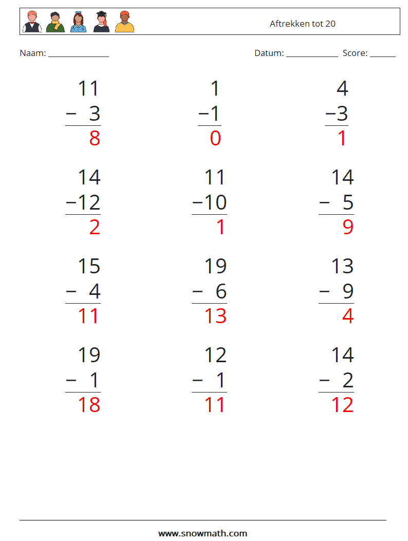 (12) Aftrekken tot 20 Wiskundige werkbladen 13 Vraag, Antwoord