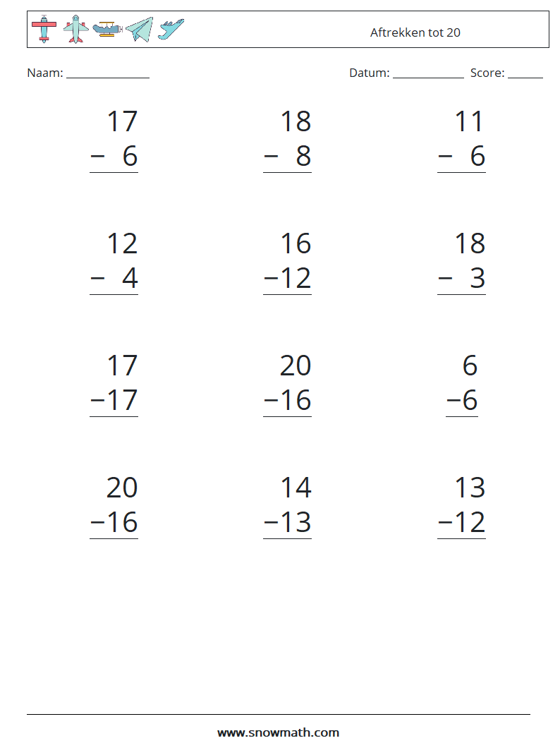 (12) Aftrekken tot 20 Wiskundige werkbladen 16