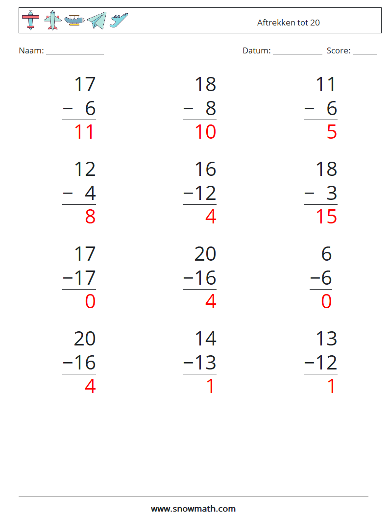 (12) Aftrekken tot 20 Wiskundige werkbladen 16 Vraag, Antwoord