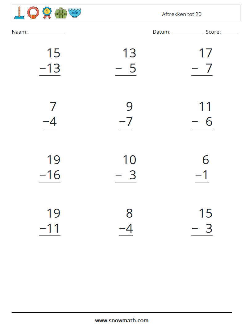 (12) Aftrekken tot 20 Wiskundige werkbladen 17