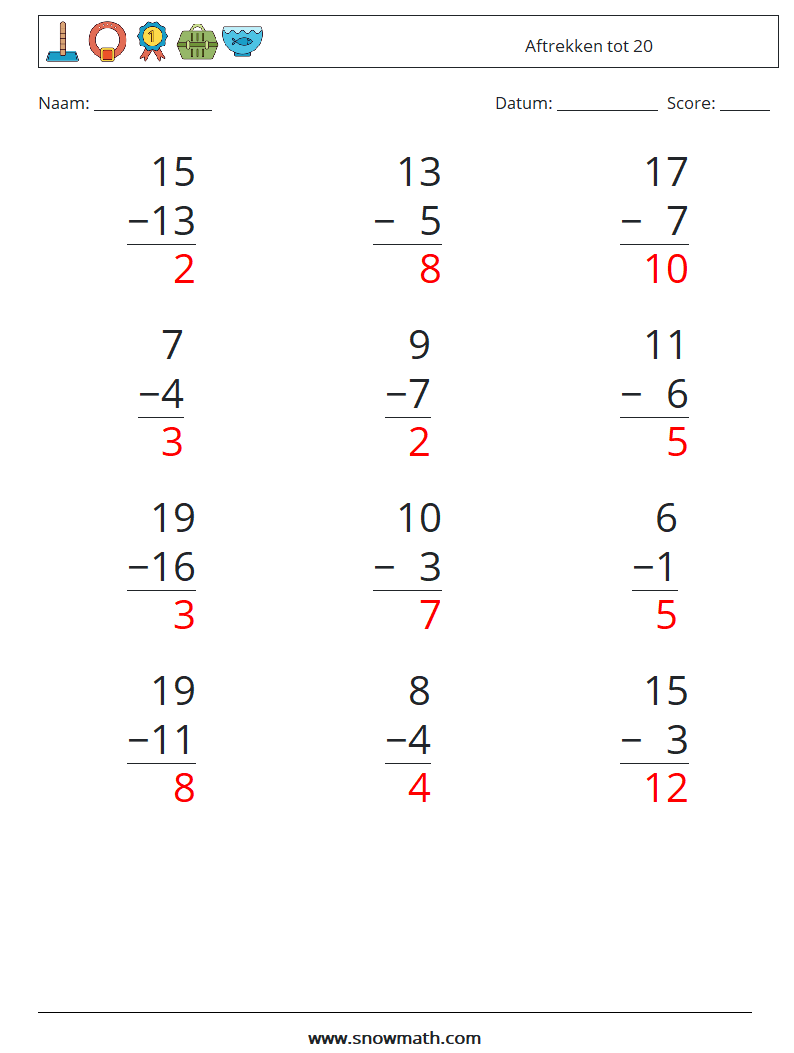 (12) Aftrekken tot 20 Wiskundige werkbladen 17 Vraag, Antwoord