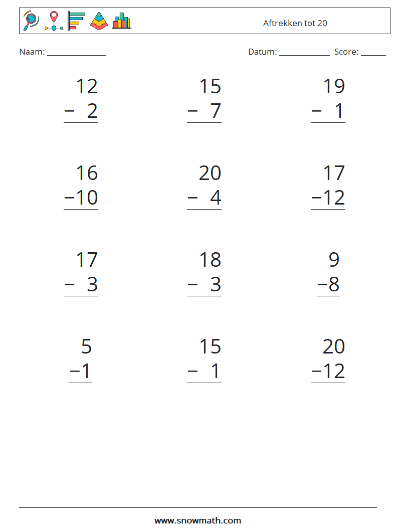 (12) Aftrekken tot 20 Wiskundige werkbladen 18