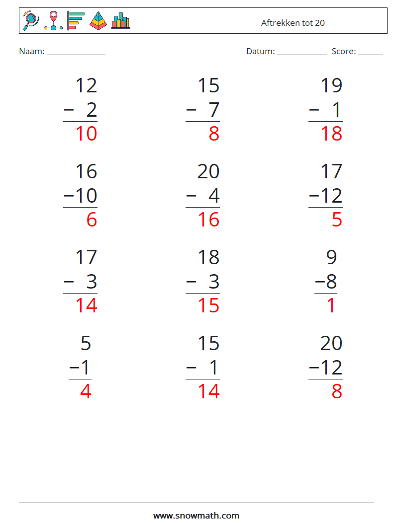 (12) Aftrekken tot 20 Wiskundige werkbladen 18 Vraag, Antwoord