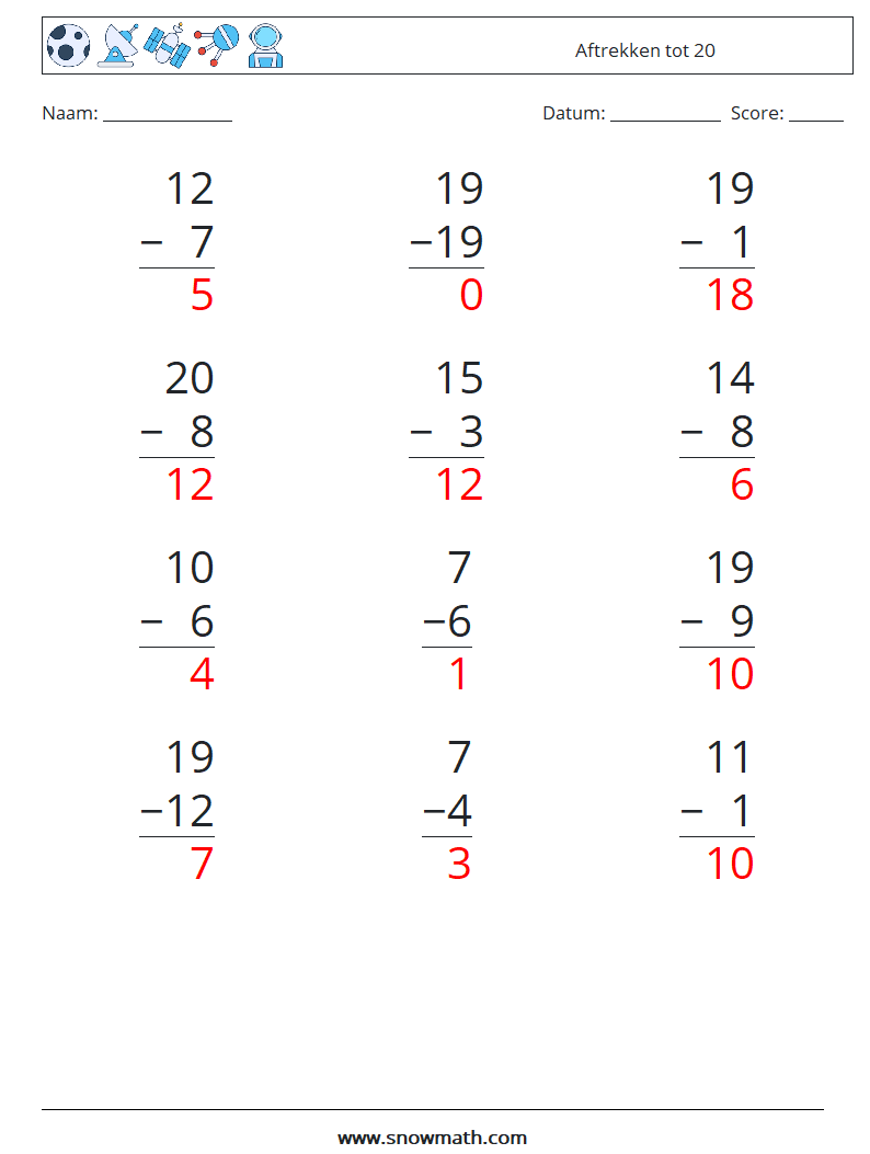 (12) Aftrekken tot 20 Wiskundige werkbladen 1 Vraag, Antwoord