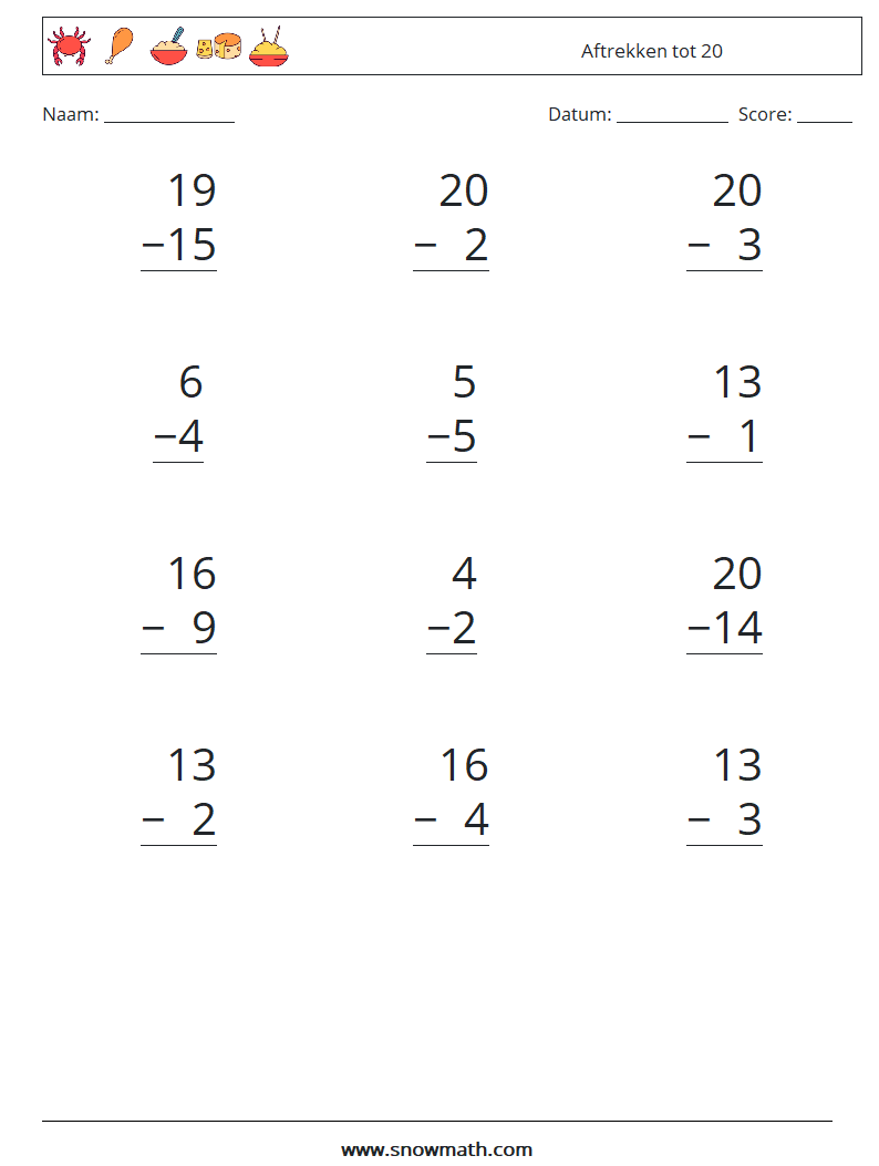 (12) Aftrekken tot 20 Wiskundige werkbladen 2