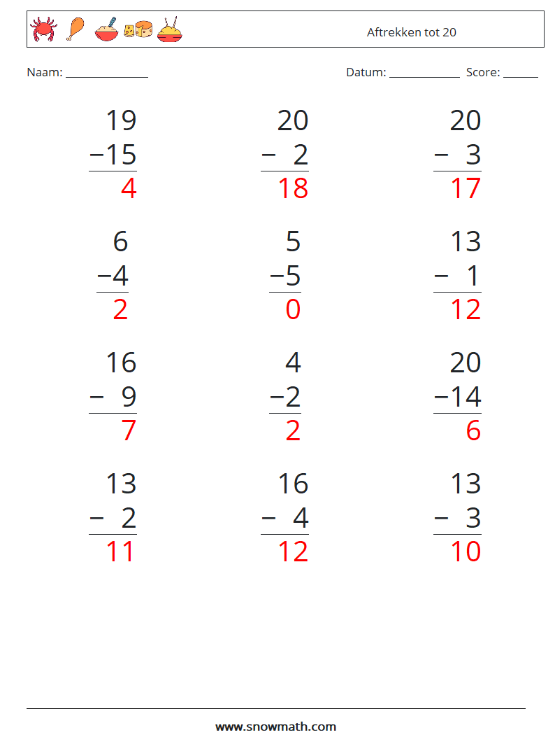 (12) Aftrekken tot 20 Wiskundige werkbladen 2 Vraag, Antwoord