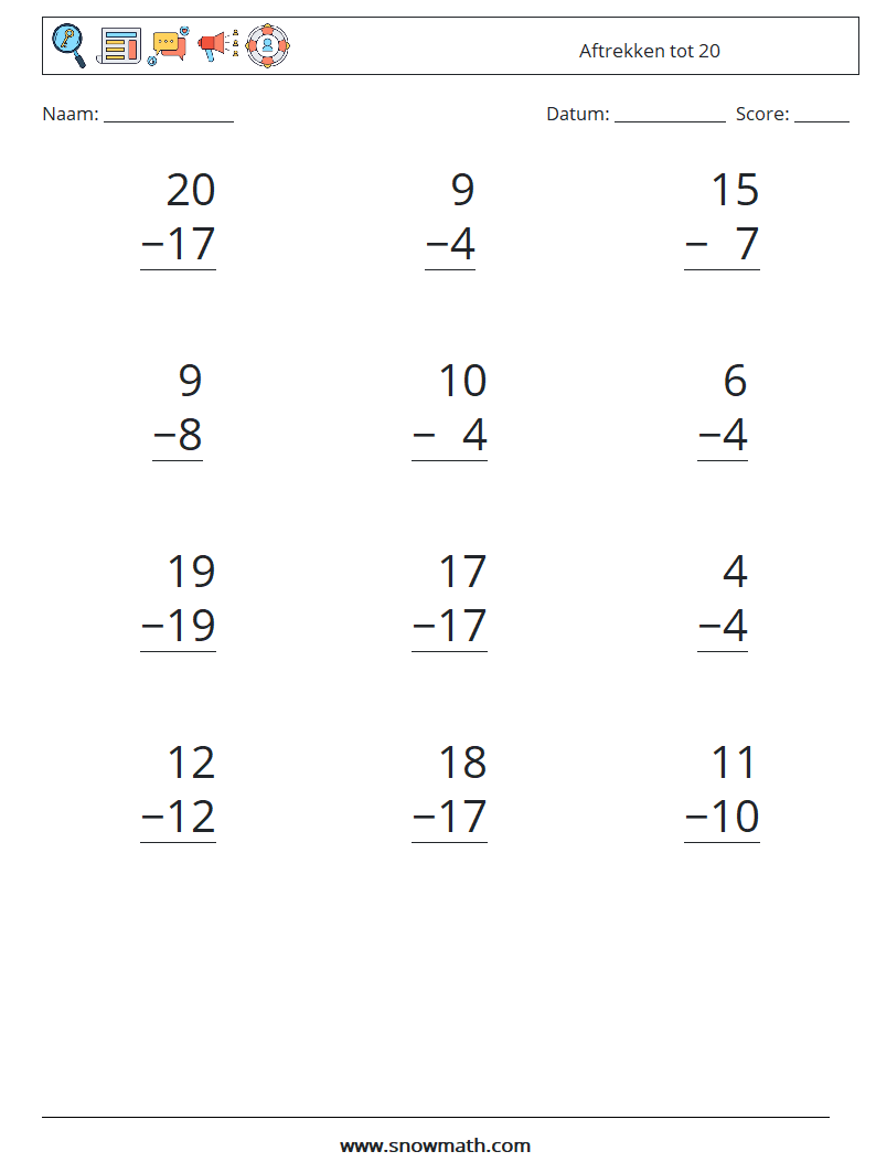 (12) Aftrekken tot 20 Wiskundige werkbladen 3