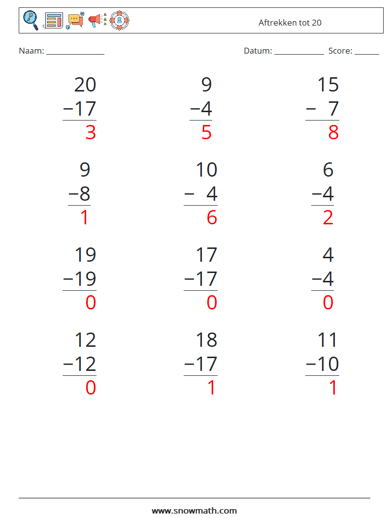 (12) Aftrekken tot 20 Wiskundige werkbladen 3 Vraag, Antwoord