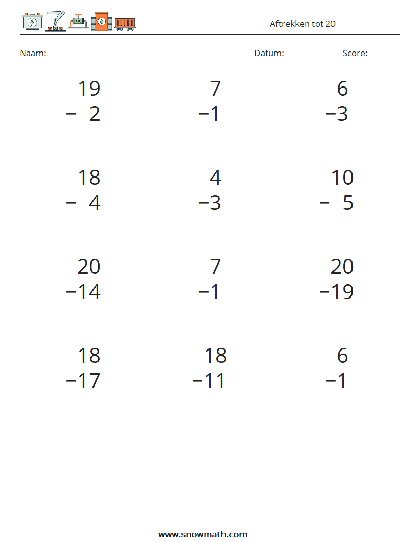 (12) Aftrekken tot 20 Wiskundige werkbladen 4