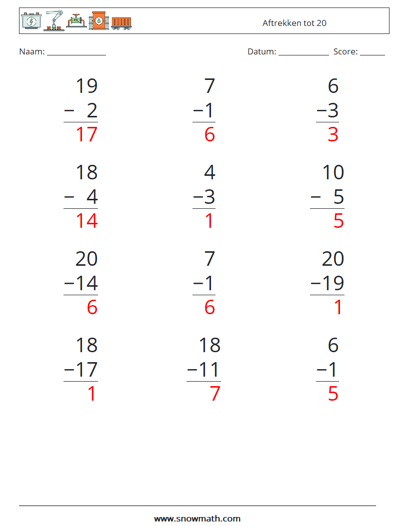 (12) Aftrekken tot 20 Wiskundige werkbladen 4 Vraag, Antwoord
