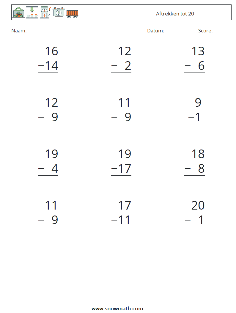 (12) Aftrekken tot 20 Wiskundige werkbladen 6