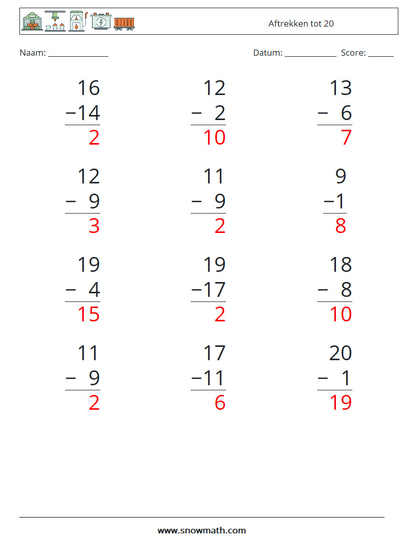 (12) Aftrekken tot 20 Wiskundige werkbladen 6 Vraag, Antwoord