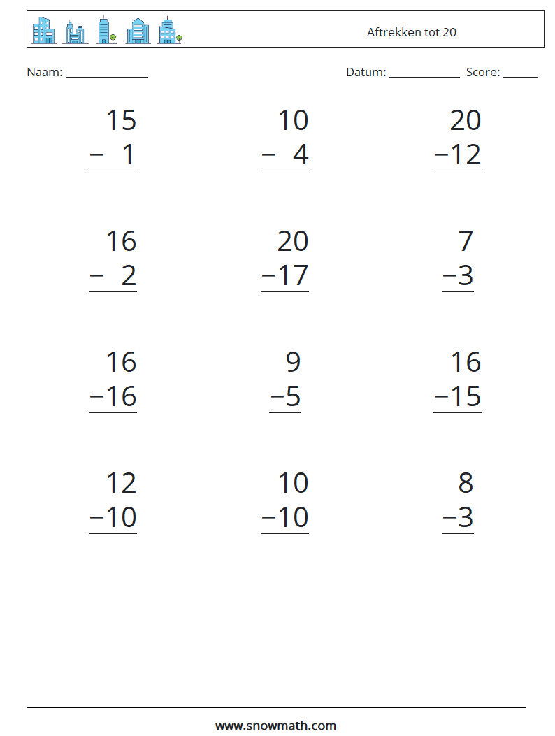 (12) Aftrekken tot 20 Wiskundige werkbladen 7