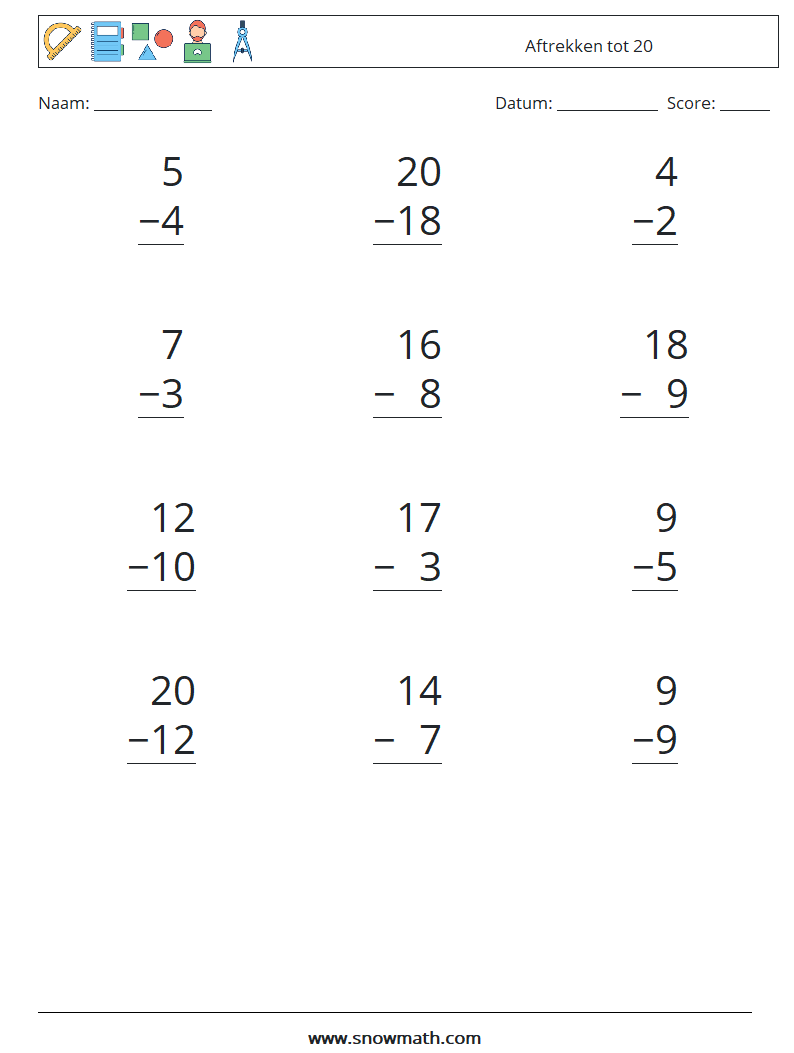 (12) Aftrekken tot 20 Wiskundige werkbladen 8