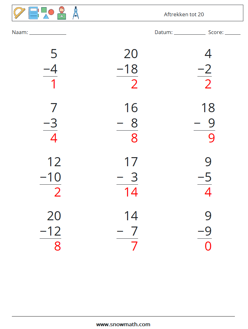 (12) Aftrekken tot 20 Wiskundige werkbladen 8 Vraag, Antwoord