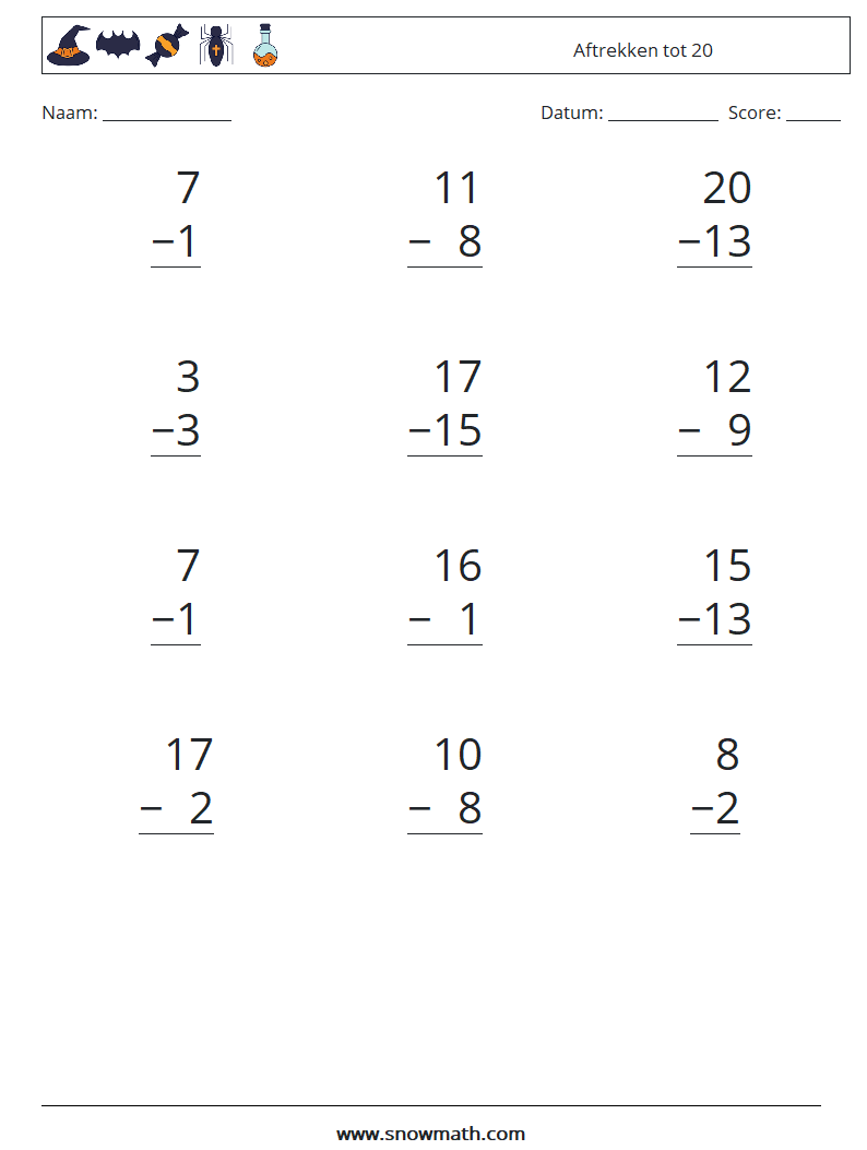 (12) Aftrekken tot 20 Wiskundige werkbladen 9