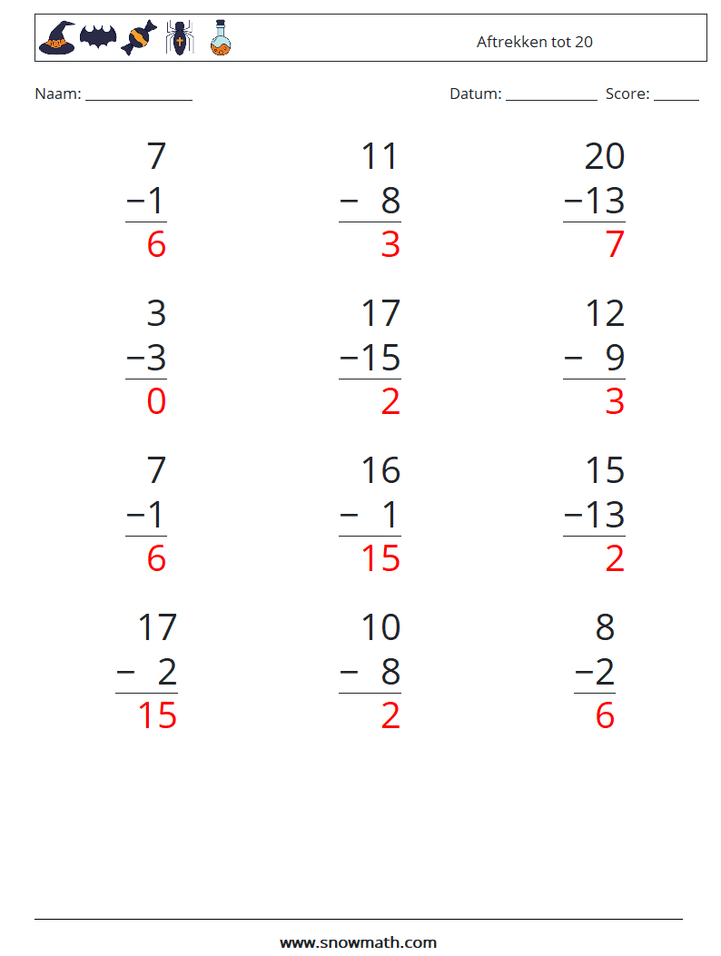 (12) Aftrekken tot 20 Wiskundige werkbladen 9 Vraag, Antwoord