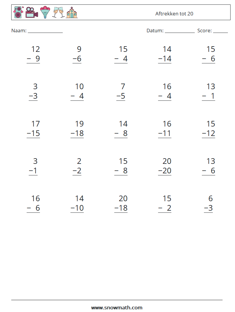 (25) Aftrekken tot 20 Wiskundige werkbladen 10