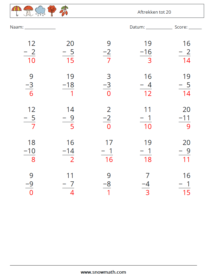 (25) Aftrekken tot 20 Wiskundige werkbladen 11 Vraag, Antwoord