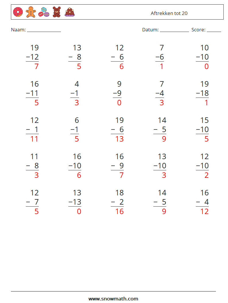 (25) Aftrekken tot 20 Wiskundige werkbladen 12 Vraag, Antwoord