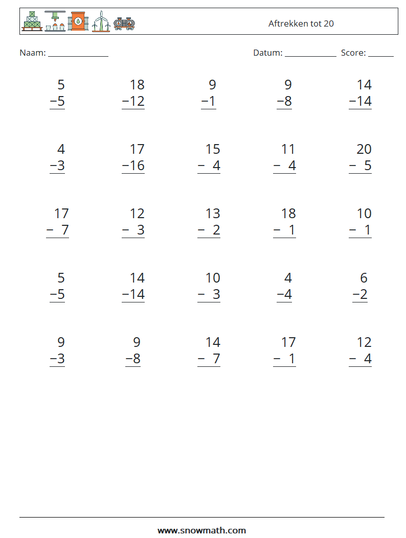 (25) Aftrekken tot 20 Wiskundige werkbladen 13