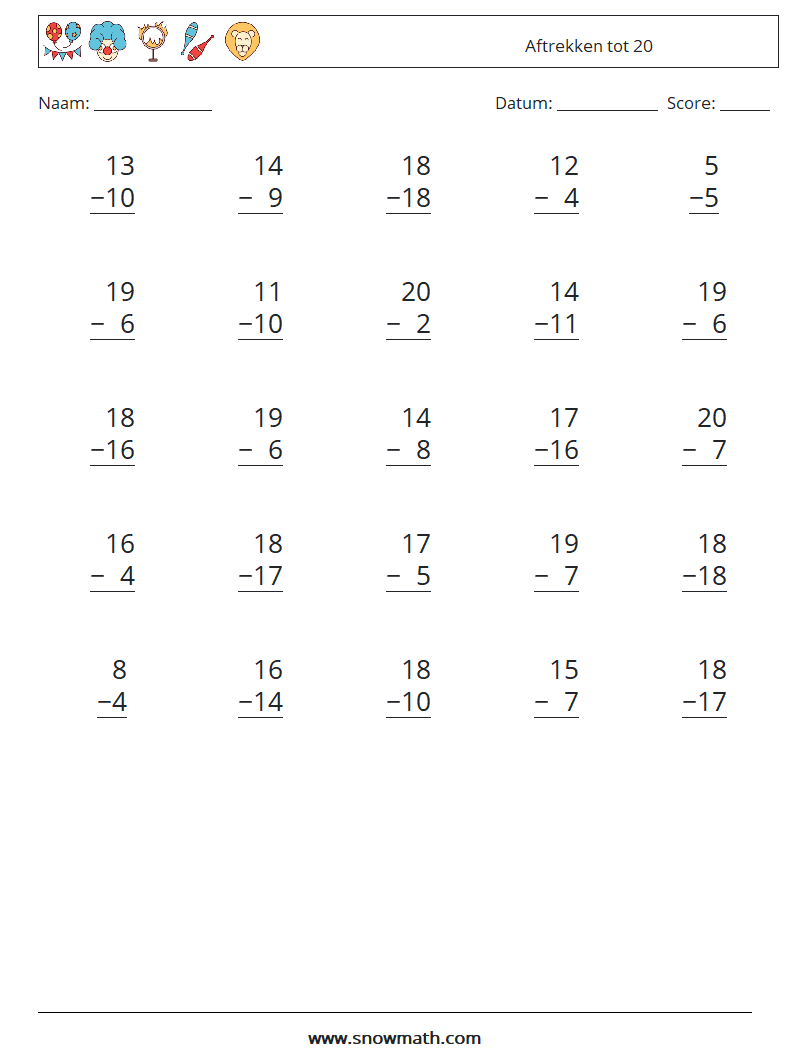 (25) Aftrekken tot 20 Wiskundige werkbladen 14