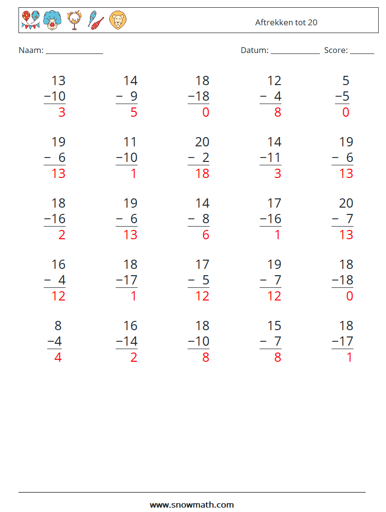 (25) Aftrekken tot 20 Wiskundige werkbladen 14 Vraag, Antwoord