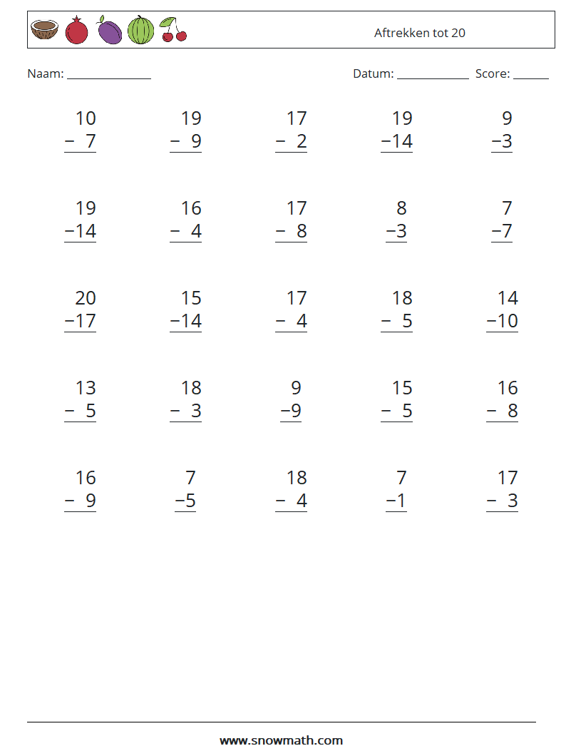 (25) Aftrekken tot 20 Wiskundige werkbladen 15