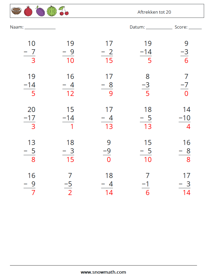 (25) Aftrekken tot 20 Wiskundige werkbladen 15 Vraag, Antwoord