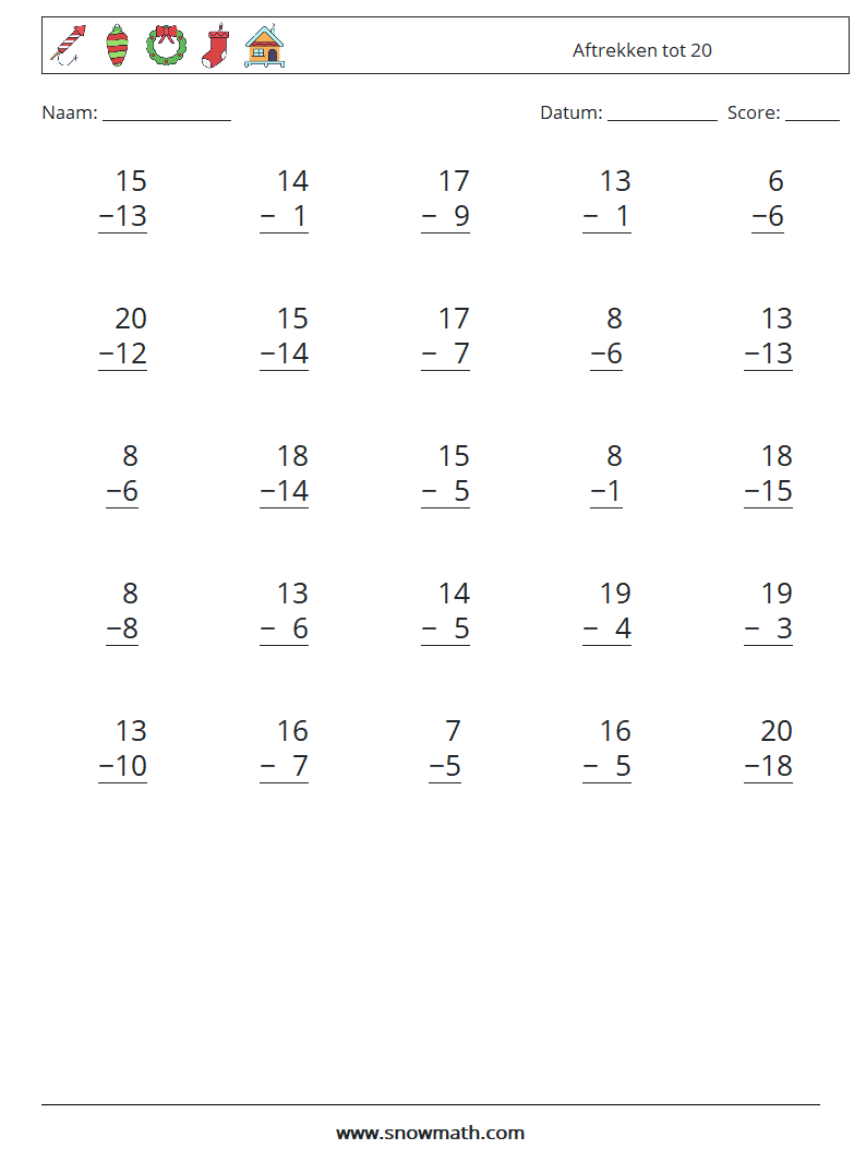 (25) Aftrekken tot 20 Wiskundige werkbladen 16