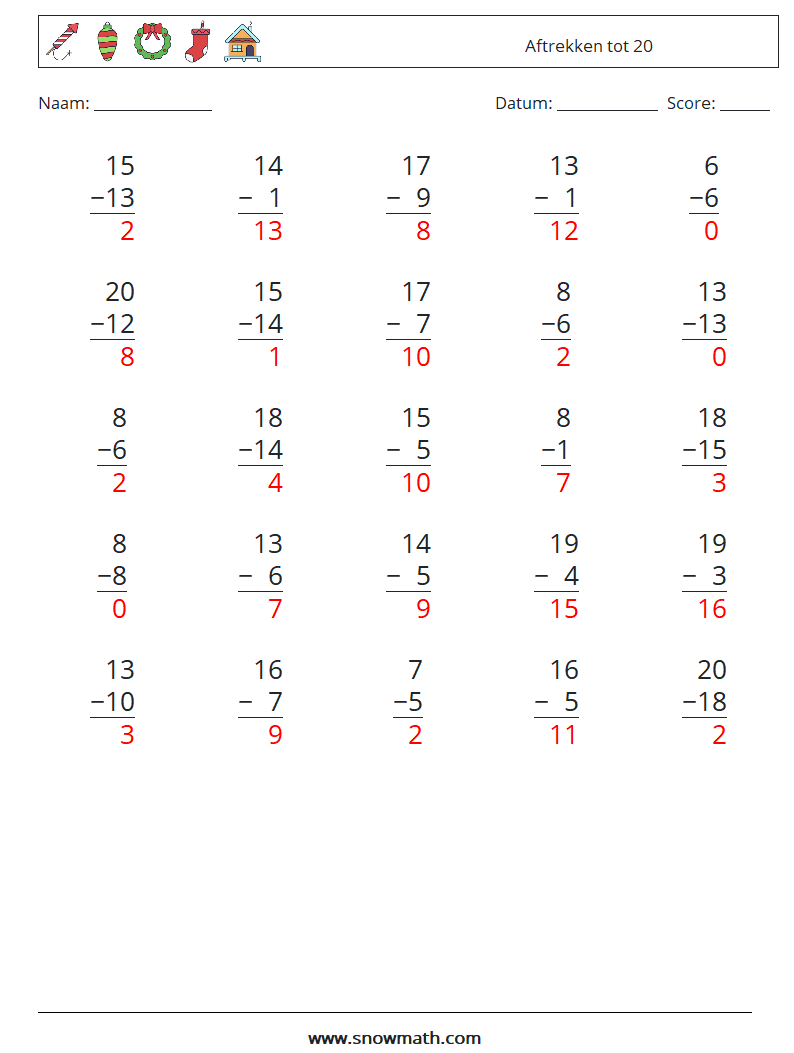 (25) Aftrekken tot 20 Wiskundige werkbladen 16 Vraag, Antwoord