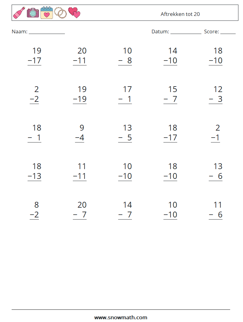 (25) Aftrekken tot 20 Wiskundige werkbladen 17